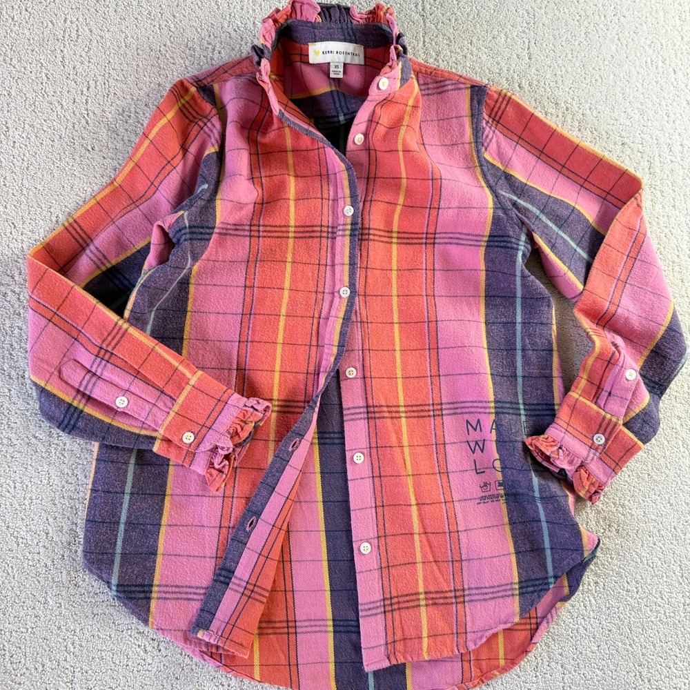 Kerri Rosenthal Mia Plaid Women's XS Cabin Pink Button Flannel Shirt Ruffle $198